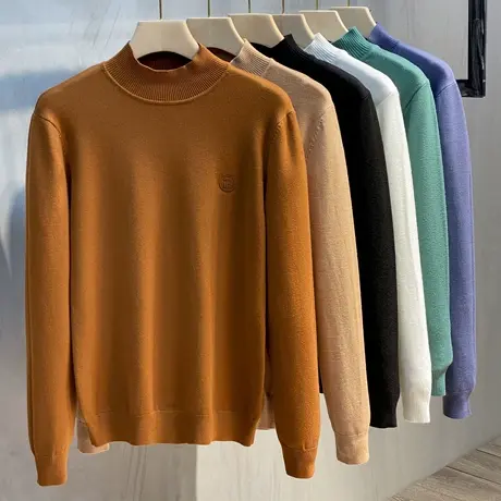 抗起球男装冬季新款男士半高领刺绣毛衫保暖中领打底针织衫毛衣潮商品大图