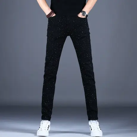 百搭黑色奢侈烫钻印花牛仔裤男高端潮牌修身小脚裤子休闲2023新款商品大图