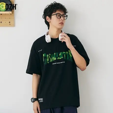 男士毛巾绣纯棉短袖男圆领潮牌夏季男装2023新款黑色半袖t恤男款商品大图