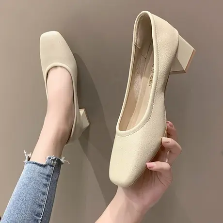 永希时尚方头粗跟单鞋女款春季2023年新款网红ins爆款浅口高跟鞋商品大图