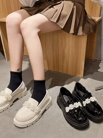 潮牌英伦风小皮鞋女秋季新款珍珠复古圆头玛丽珍日系jk厚底乐福鞋商品大图