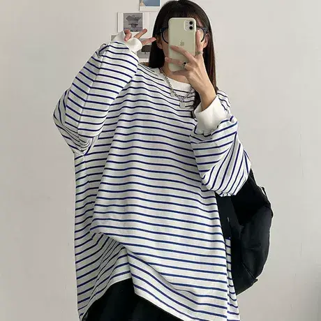 胖mm长袖卫衣女装潮ins春秋季套头大码宽松薄款bf风条纹上衣200斤商品大图