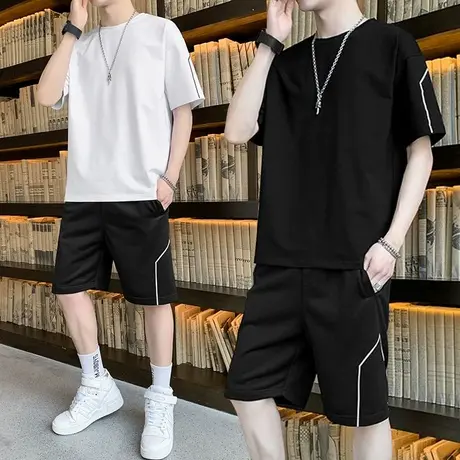 夏季青少年短裤子休闲运动套装冰丝薄款夏天潮流男款短袖t恤一套商品大图