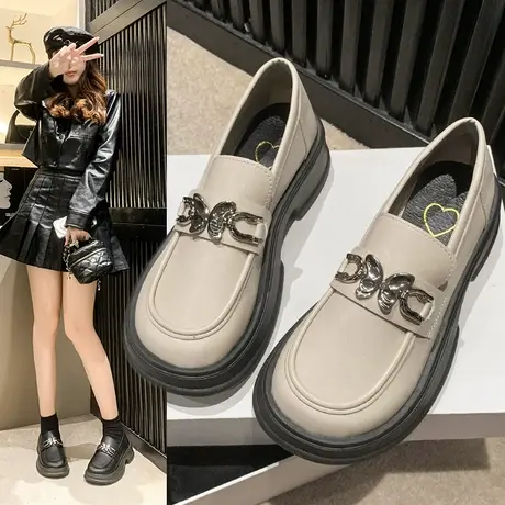 一脚蹬厚底乐福鞋女2024新款春季黑色女鞋子百搭单鞋英伦风小皮鞋商品大图