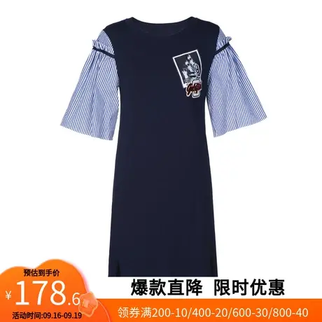 【艾格】2023春季新款简约圆领条纹袖子拼接贴布学院气质连衣裙图片
