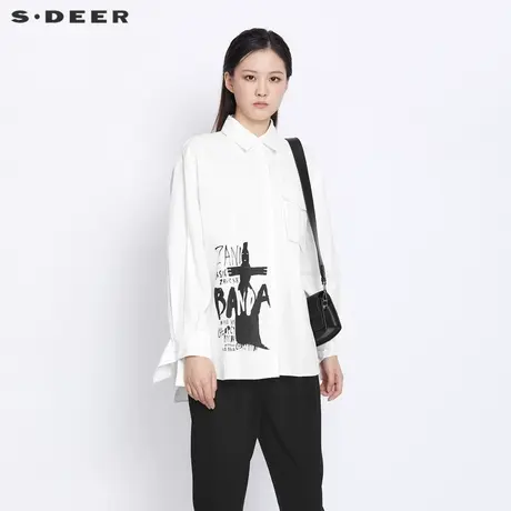 sdeer圣迪奥女装春秋装条纹撞色印花口袋宽松长袖衬衫S21360506商品大图