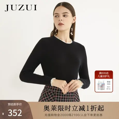 【3折】JUZUI玖姿奥莱官方冬季新款山羊绒优雅蕾丝圆领针织毛衫女商品大图