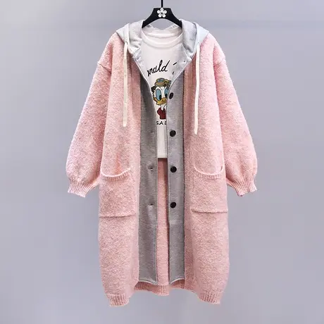 高级感拼接假两件连帽毛衣外套女秋冬2023新款宽松洋气针织开衫图片