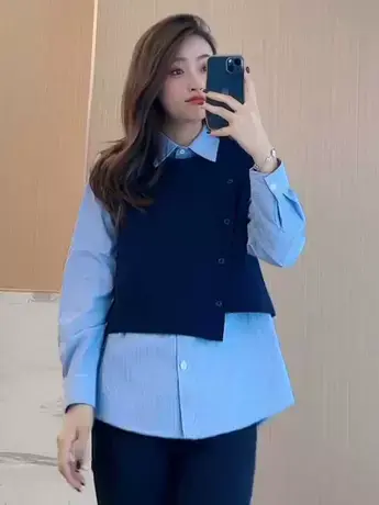 秋季百搭侧扣拼接长袖假两件上衣衬衫设计感别致马甲拼接衬衣女潮图片