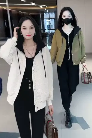 连帽拼接假两件棒球服外套女2023秋季新款休闲宽松时尚显瘦上衣潮商品大图