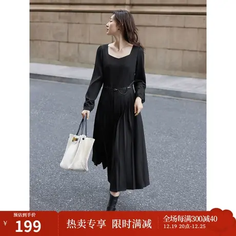 茵曼优雅连衣裙2023秋女装新款方领可拆卸腰带压褶长袖A型中长裙图片