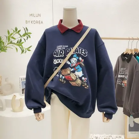 chic加绒卫衣2021秋冬新款复古鸭子加厚保暖翻领慵懒上衣宽松大码商品大图