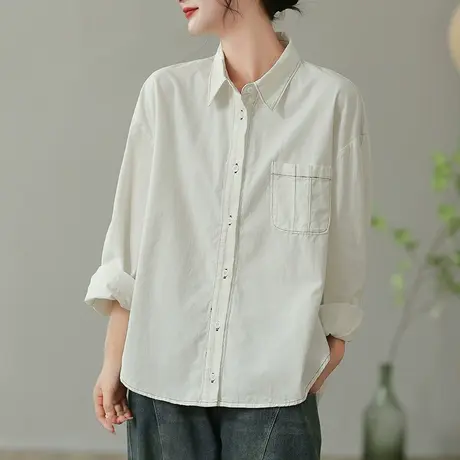 dza 复古白色衬衫女士春秋新款宽松显瘦上衣休闲口袋翻领长袖衬衣图片