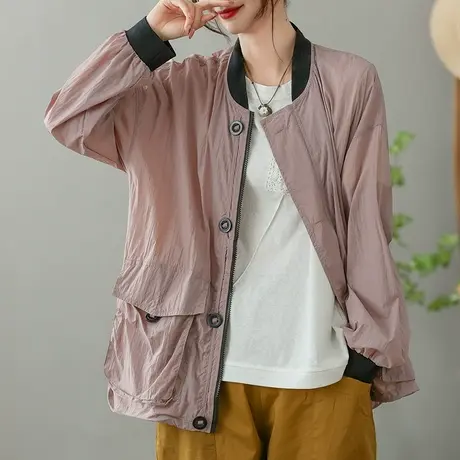 dza 复古工装口袋短外套女2023夏季薄款棒球服防晒衣休闲开衫上衣商品大图