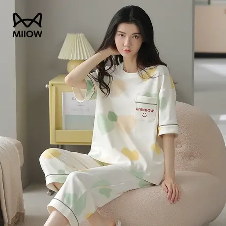 夏季女士睡衣家居服七分裤宽松睡衣短袖纯棉韩版可爱薄款清爽舒适商品大图