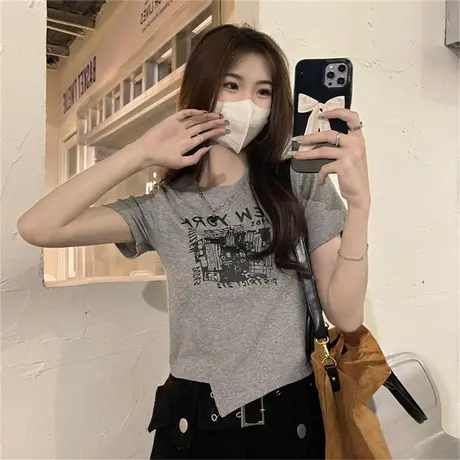 辣妹正肩白色短袖t恤女夏ins设计感小众独特别致修身显瘦短款上衣商品大图