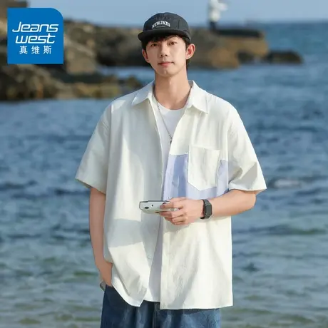N5真维斯男士短袖衬衫2025夏季新款拼接设计男生休闲宽松百搭衬衣商品大图