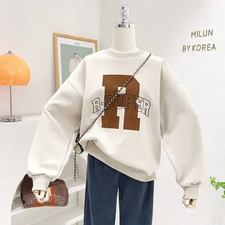 2022秋冬新款韩版复古字母圆领长袖银狐绒卫衣运动休闲保暖加厚女商品大图