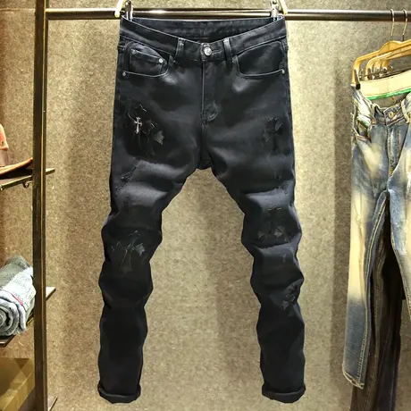 欧洲站十字架贴布男士修身牛仔裤男款黑色猫须磨破秋冬新款小脚裤商品大图