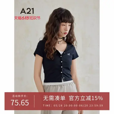 A21女装假两件套短袖T恤女士夏季假两件开衫打底衫上衣商品大图