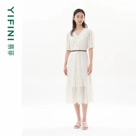 [专柜同款]Yifini/易菲镂空蕾丝优雅气质V领H型短袖连衣裙女夏新图片