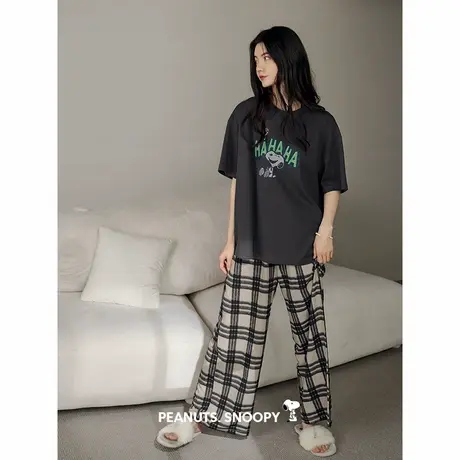 贝妍史努比凉感纯棉睡衣女夏薄款短袖格子长裤大码外穿家居服套装商品大图