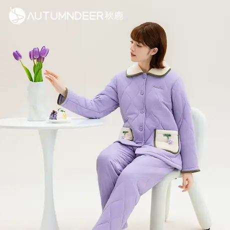 秋鹿2025年新款三层加厚夹棉睡衣女款冬款保暖甜美家居服女秋冬商品大图
