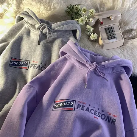 美式复古加绒卫衣秋冬宽松bf慵懒风oversize加厚连帽保暖紫色外套商品大图