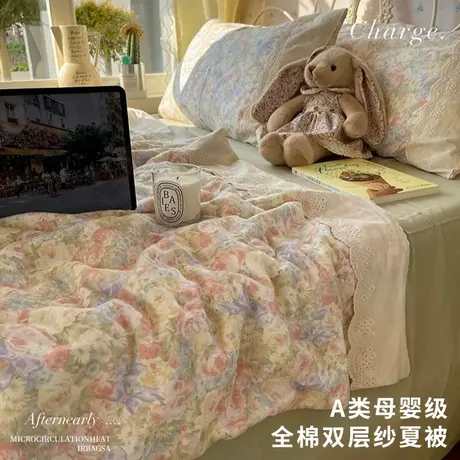 雅鹿A类油画风全棉双层纱夏凉被子四件套空调被纯棉可机洗单双人商品大图