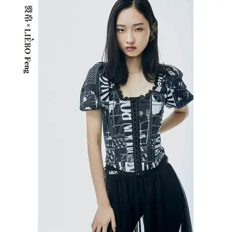 裂帛LIEBOFeng2023年春夏新国潮复古潮流摇滚暗黑系显瘦束腰T恤女商品大图