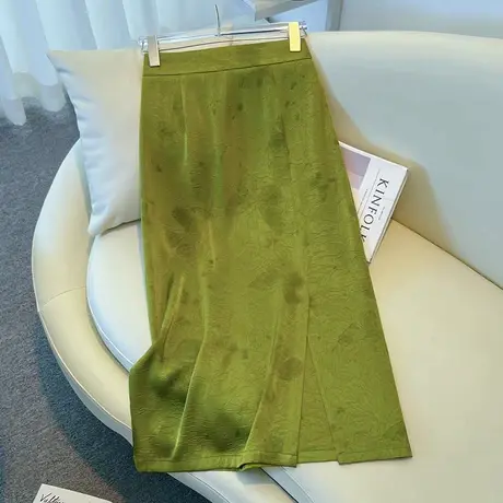 拉夏贝尔绿色印花醋酸半身裙女夏薄款2025新款中长裙开叉包臀裙商品大图