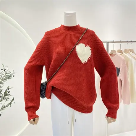洋气桃心宽松显瘦半高领软糯休闲套头针织衫毛衣女内搭打底上衣商品大图