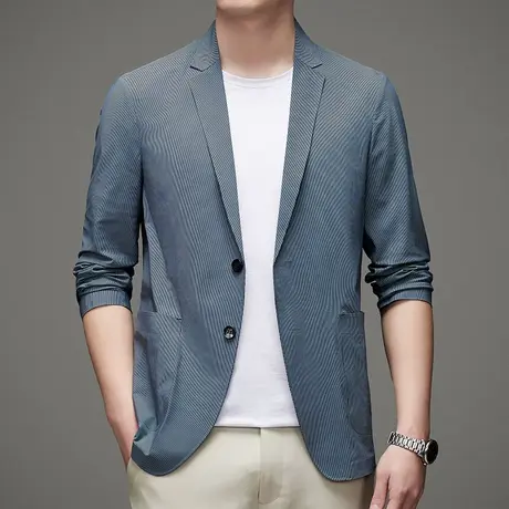 条纹冰丝防晒西服男2023新款休闲超薄西装轻薄款单西外套高端上衣商品大图