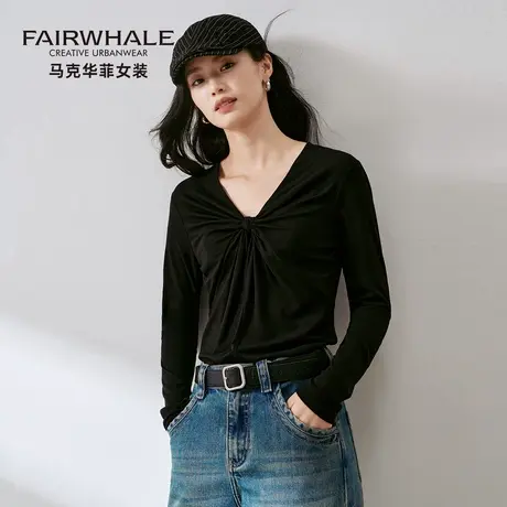 马克华菲气质V领长袖T恤打底衫女2025新款内搭修身显瘦设计感上衣图片