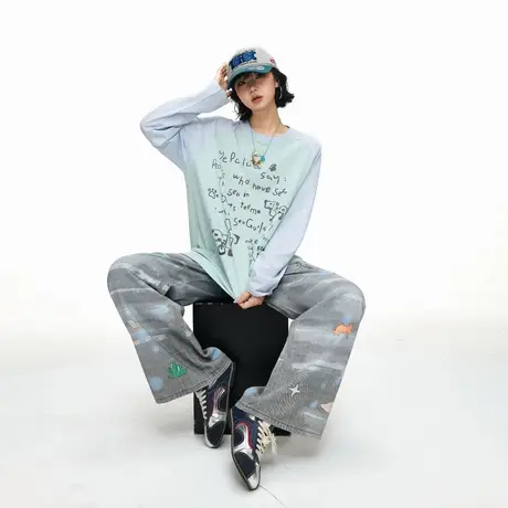 美式涂鸦印花物理防晒罩衫女春秋新款宽松显瘦慵懒风撞色长袖T恤商品大图