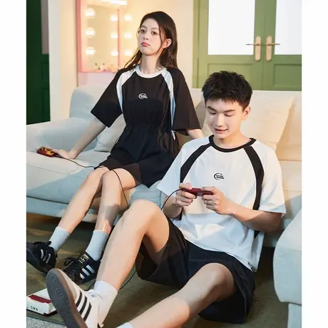 唐狮美式连衣裙女夏季2024新款收腰a字裙短袖男T恤情侣装小个子G商品大图