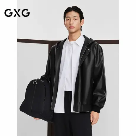 【X】GXG男装柔软pu皮连帽夹克男宽松潮流pu夹克休闲外套24秋季品商品大图