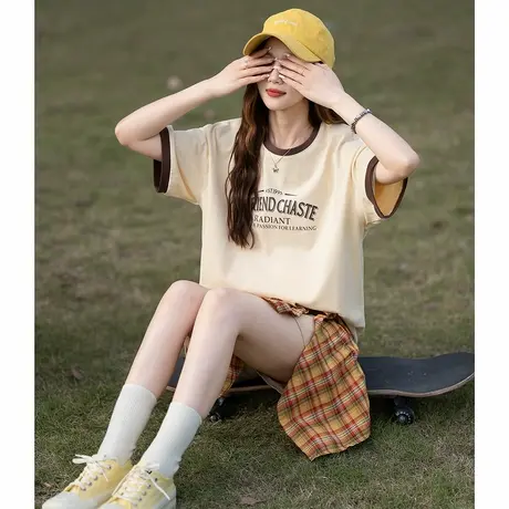 唐狮新款超好看短袖夏日穿搭t恤女撞色纯棉舒适宽松休闲上衣tu商品大图