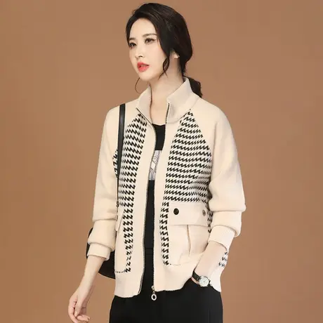 韩潮袭人立领拼接条纹毛呢短外套女2023冬季新款宽松休闲呢子大衣图片