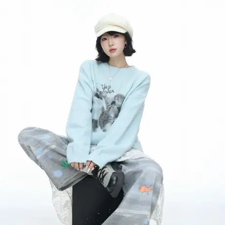 美式高街创意猫咪印花圆领毛衣女秋冬新款宽松慵懒风情侣针织上衣图片