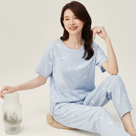 顶瓜瓜夏季睡衣女款纯棉短袖长裤印花薄款可外穿家居服套装商品大图