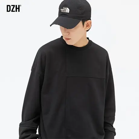 男士黑色重磅卫衣男春秋圆领纯色长袖上衣2023年新款痞帅套头外套商品大图