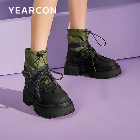 意尔康厚底工装风短靴马丁靴女2023新款抽绳堆堆靴户外露营登山靴商品大图