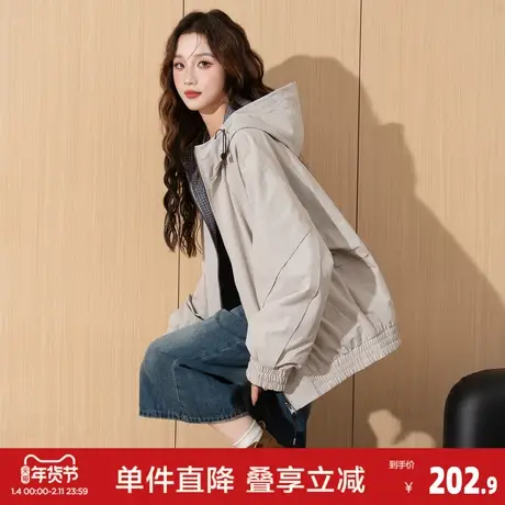 唐狮2026春秋季新款女外套连帽短款格纹双面穿休闲运动潮流好看图片