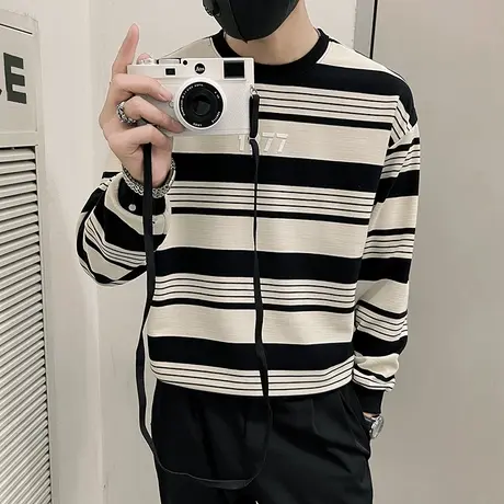 条纹卫衣男春秋季高级感宽松套头ins小众个性慵懒风内搭T恤衫上衣商品大图