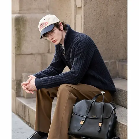 唐狮秋冬毛衣外套男绞花毛衣立领藏青色开衫毛线衫休闲慵懒风TMTA图片