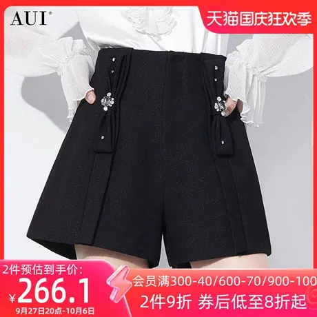 AUI黑色高级感气质阔腿裤女2023秋季新款设计感小众收腰显瘦短裤图片