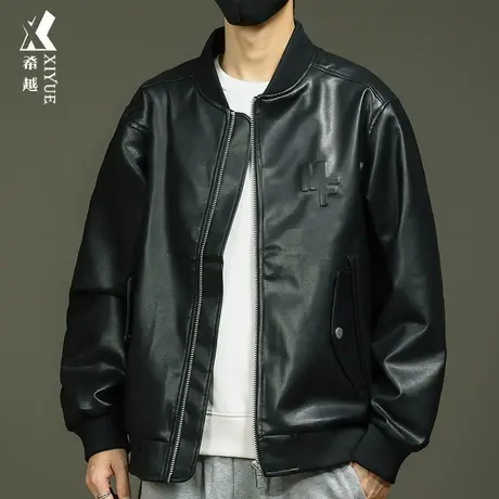 美式复古PU皮衣男款宽松大码防水防风男士夹克黑色钢印外套2023秋商品大图