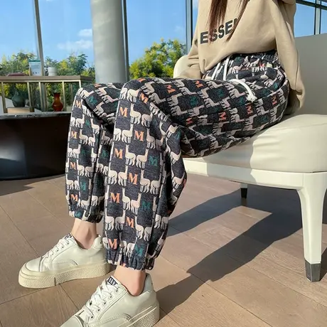 运动风卡通印花毛呢羊绒束脚裤女秋冬高腰显瘦直筒九分休闲哈伦裤商品大图