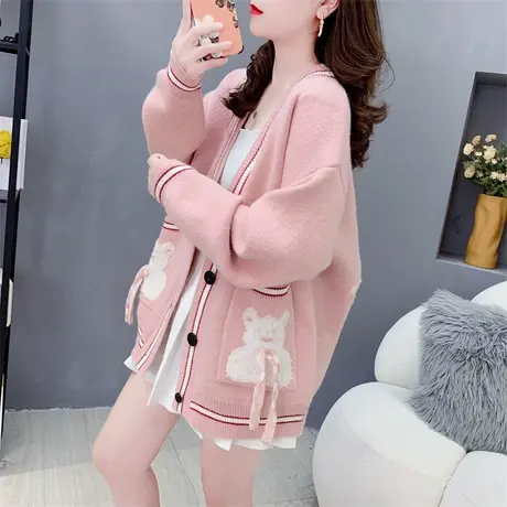 日系拼色小熊毛衣开衫女秋冬2023新款宽松洋气减龄学院风针织外套图片